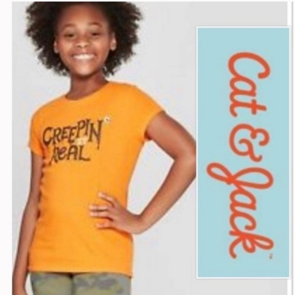 Cat & Jack Girls Halloween "Creepin It Real" T-Shirt Orange Medium 7/8 October